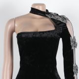 Women off-shoulder rhinestone ribbon single long-sleeved velvet dress