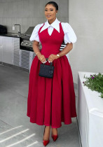 Women autumn elegant puff sleeve shirt collar dress