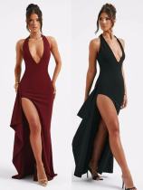 Summer Sexy Fashionable Halter Neck V-Neck Low Back Slit Long Dress