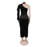Women off-shoulder rhinestone ribbon single long-sleeved velvet dress
