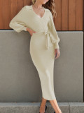 Women autumn solid elegant Career Knitting v-neck lace dress