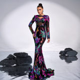 Women long-sleeved Round Neck sexy hollow sequin Formal Party Maxi fishtail evening dress