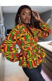 Women African Printed Cardigan Lace-Up Lantern Sleeve V Neck Long Sleeve Top