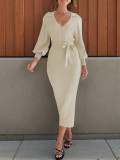 Women autumn solid elegant Career Knitting v-neck lace dress