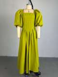 Women Autumn Square Neck Waist Lace-Up Lantern Sleeve Dress