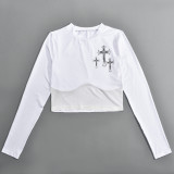 Women Cross Printed Mesh Crop T-Shirt