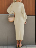 Women autumn solid elegant Career Knitting v-neck lace dress