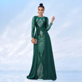 Women Long Sleeve Round Neck Sequined Formal Party Maxi Cape Fishtail Evening Dress