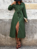 Women autumn Turndown Collar green long-sleeved Solid dress