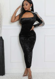 Women off-shoulder rhinestone ribbon single long-sleeved velvet dress
