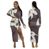 Women printed sexy long-sleeved Top and skirt two-piece suit