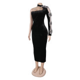 Women off-shoulder rhinestone ribbon single long-sleeved velvet dress