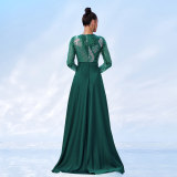Women Long Sleeve Round Neck Sequined Formal Party Maxi Cape Fishtail Evening Dress
