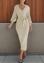 Women autumn solid elegant Career Knitting v-neck lace dress Women autumn solid elegant Career Knitting v-neck lace dress
