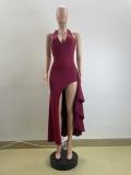 Summer Sexy Fashionable Halter Neck V-Neck Low Back Slit Long Dress