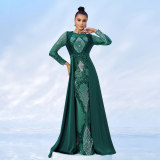 Women Long Sleeve Round Neck Sequined Formal Party Maxi Cape Fishtail Evening Dress