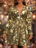 Women autumn v-neck irregular Shiny dress