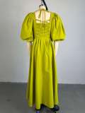 Women Autumn Square Neck Waist Lace-Up Lantern Sleeve Dress