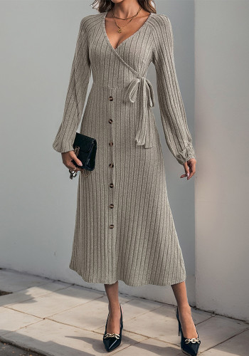 Women autumn and winter v-neck solid button-lace knitting dress