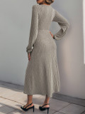 Women autumn and winter v-neck solid button-lace knitting dress