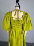 Women Autumn Square Neck Waist Lace-Up Lantern Sleeve Dress