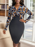 Women autumn Knot V-neck printed long-sleeved Bodycon dress