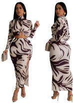 Women printed sexy long-sleeved Top and skirt two-piece suit