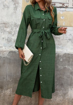 Women autumn Turndown Collar green long-sleeved Solid dress