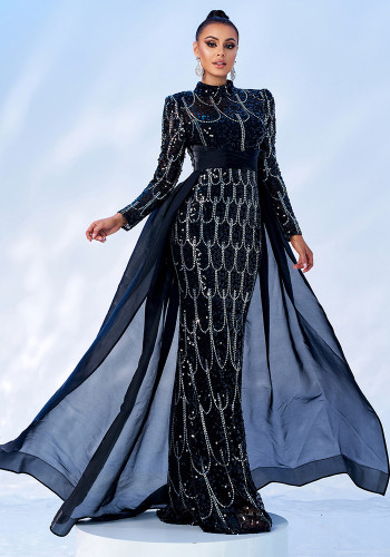 Women Long Sleeve Round Neck Sequined Formal Party Cape Maxi Fishtail Evening Dress