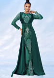 Women Long Sleeve Round Neck Sequined Formal Party Maxi Cape Fishtail Evening Dress