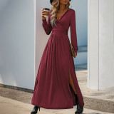 Women autumn solid slit dress