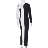 Women Fall/Winter Contrast Metal Decoration Single Sleeve Dress