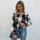 Women Autumn Crop Plaid Cardigan Shirt Vintage Jacket Coat
