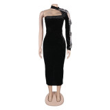 Women off-shoulder rhinestone ribbon single long-sleeved velvet dress