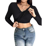 Autumn And Winter Bra Round Neck Solid Color T-Shirt Feminine Basic Long Sleeve Top With Bra Padded