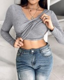 Autumn And Winter Bra Round Neck Solid Color T-Shirt Feminine Basic Long Sleeve Top With Bra Padded