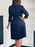 Women's Fall Fashion Chic Turndown Collar Solid Color Pleated African Dress