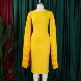 Women's Fashion Solid Color Round Neck Pleated Shawl Sleeve Formal Party Evening Dress