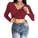 Autumn And Winter Bra Round Neck Solid Color T-Shirt Feminine Basic Long Sleeve Top With Bra Padded