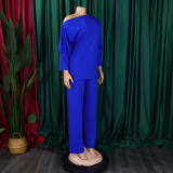 Women's Fall Fashion Solid Color Slash Shoulder Top Wide Leg Pants African Suit