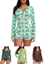 Women's Christmas Digital Printing Long Sleeve Button Jumpsuit