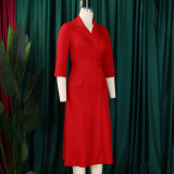 Women's Fashion Chic Double Breasted Turndown Collar Solid Color Career Dress