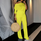 Women's Fall Fashion Solid Color Slash Shoulder Top Wide Leg Pants African Suit