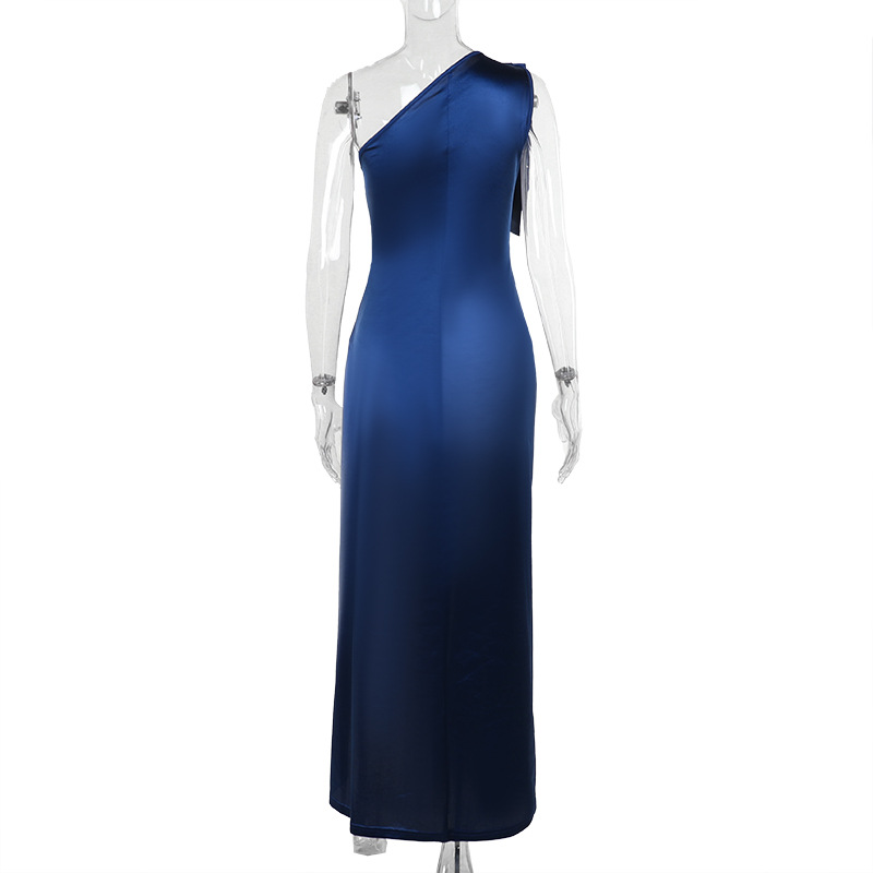 Autumn And Winter Chic Sexy Slim Slash Shoulder Slit Satin Dress