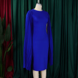 Women's Fashion Solid Color Round Neck Pleated Shawl Sleeve Formal Party Evening Dress