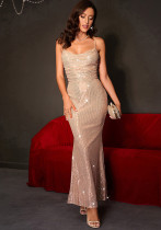 Sexy Low Back Strap Sequin Women's Evening Dress