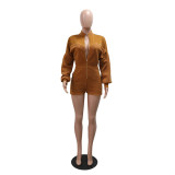 Women's Fashion Zipper Long Sleeve Cargo Shorts Jumpsuit