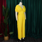 Women's V Neck Solid Color Pleated Jumpsuit