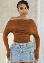 Women's Slim Off Shoulder Long Sleeve Pleated Fashion T-Shirt Top Women's Slim Off Shoulder Long Sleeve Pleated Fashion T-Shirt Top