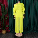 Women's Fall Fashion Solid Color Slash Shoulder Top Wide Leg Pants African Suit